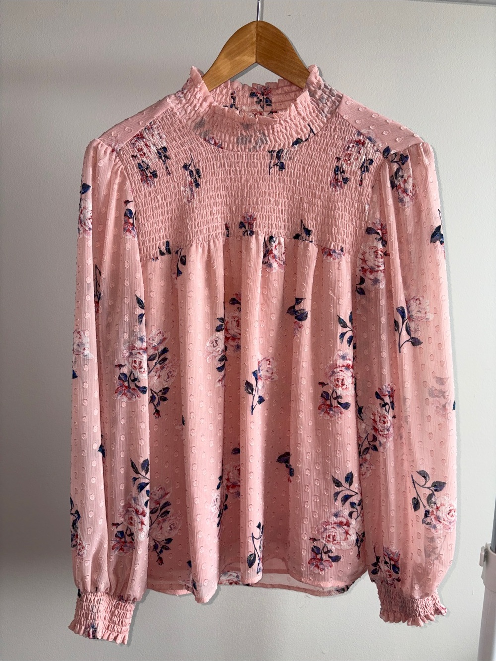 Smocked High-Neck Pink Floral Blouse